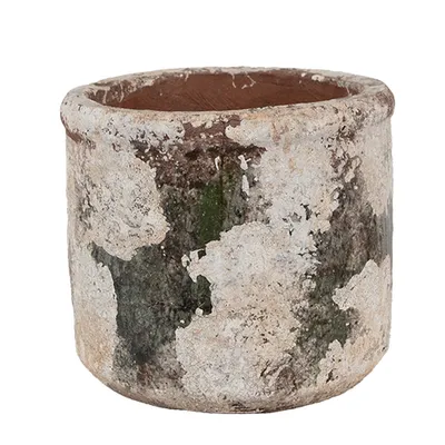 A close-up studio shot of a weathered terracotta pot.