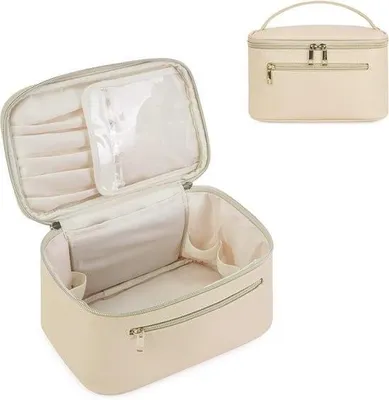 Image de Trousse de toilette pour femme – Grand organiseur portable avec compartiment pour pinceaux – Trousse de toilette en cuirPolyuréthanebeige