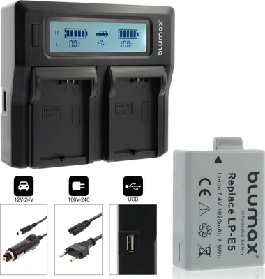 Produktbild von 1x Akku + Lader für Canon EOS 450D, EOS 500D, EOS 1000D LP-E5 1020 mAh