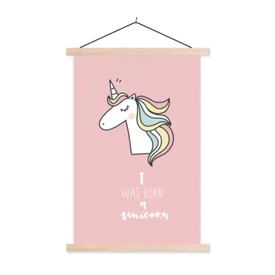 Produktbild von MuchoWow® Textilposter Einhorn - Zitate - Rosa - Ich wurde als Einhorn geboren - Mädchen - Kind 120x180 cm mit holzfarbenen Rahmen - Textil-Plakat