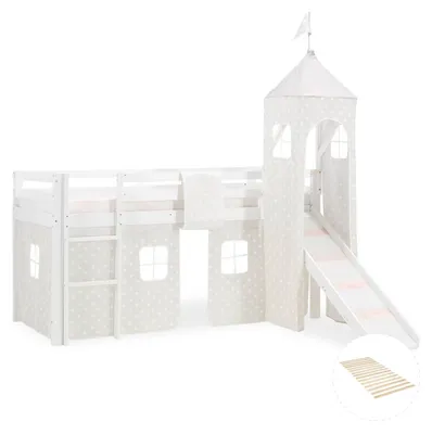 Produktbild von Homestyle4u Hochbett 90x200 Kinder Weiß mit Lattenrost Rutsche Spielbett Turm