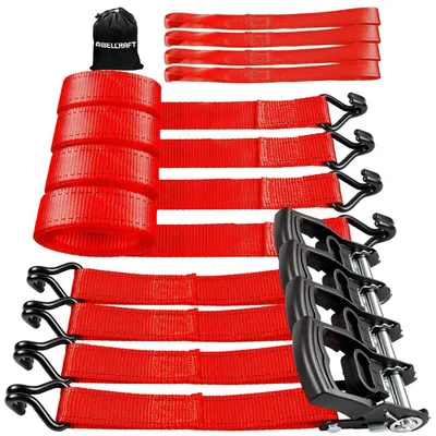 Produktbild von Ratsche Spanngurte 4 Stück 1500 kg Bruchfestigkeit 3,8 cm x 3 m Rot mit Schlaufen und Tragetasche