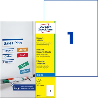 Produktbild von Avery Zweckform J8867-5, Magnet-Schilder, A4, 210 x 297 mm, 5 Etiketten / 5 Bögen, weiß