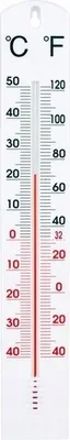 A thermometer showing temperature in Celsius and Fahrenheit.
