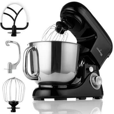 Obrázek produktu pro Kuchyňský robot Lehmann 1300W s 5l mixovací nádobou z nerezové oceli, včetně hnětacího háku, háku na těsto, šlehací metly, 6 rychlostí, černý