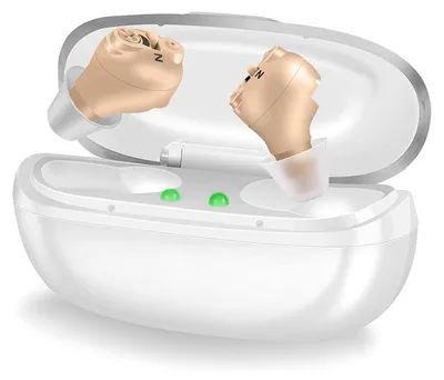Produktbild von Diskreter In‑Ohr Hörverstärker Set mit Ladebox, wiederaufladbar, praktisches Zubehör‑Set für den alltäglichen Gebrauch