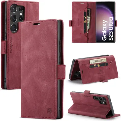 Produktbild von Galaxy S23 Ultra Brieftasche Hülle, Retro Kunstledertasche Stand Schutzhülle für Samsung Galaxy S23 Ultra Rot