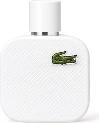 A white bottle of Lacoste L.12.12 Blanc Men Eau De Toilette Spray.