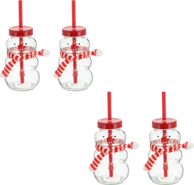 Image de Novaliv 4x Tasses vin chaud 260 ml Tasse de Noël personnalisée avec paille - Bonhomme de neige comme tasse à vin chaud - Motif de Noël Tasse avec couvercle et paille Tasses de Noël chauffe-mains mugs