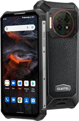 A rugged black Oukitel smartphone is shown diagonally, with its screen facing the viewer and its back angled away.