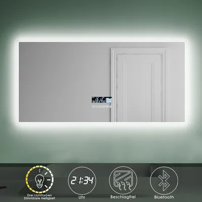 Zdjęcie produktu dla Lustro łazienkowe z oświetleniem LED z zegarem, Bluetooth i wyświetlaczem temperatury Lustro łazienkowe przeciwmgielne Lustro ścienne Lustro z oświetleniem Przełącznik dotykowy 60x120x40cm