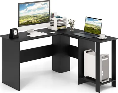 Produktbild von COSTWAY Biurko w kształcie litery L, biurko narożne z 2 otworami na kable i schowkami, biurko narożne, biurko komputerowe, biurko do domu lub biura, 130 x 130 x 74 cm (czarne)