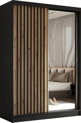 Produktbild von Masseno Schiebetürenschrank LAMELLO 150 cm Kleiderschrank Schlafzimmer Schrank 2-türig mit Spiegel und Lamellen Schwarz