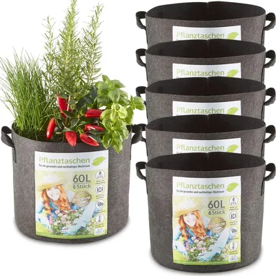 Produktbild von Pflanzsäcke 6er Set 60 Liter zooprinz | 260 g/m² Fleecestoff | Witterungsbeständig | Atmungsaktiv | Mehrfach verwendbar | Pflanztasche