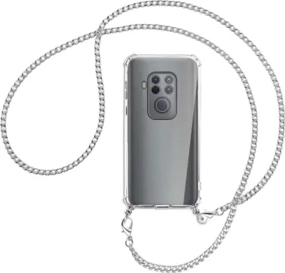 Produktbild von Handykette Backcover-Schutzhülle mit Band (Metall silberfarben) für Motorola One Zoom, One Pro - silberfarbene Kette