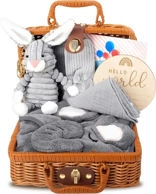 Produktbild von Neugeborenen Geschenkkorb, Baby Geschenke zur Geburt, 7 in 1 Baby Geschenkset Geburt mit Babydecken, Baby Dreieckstuch, Plüschtiere, Grußkarten, Geburtskarten, Socken, Geschenkboxen Körbe