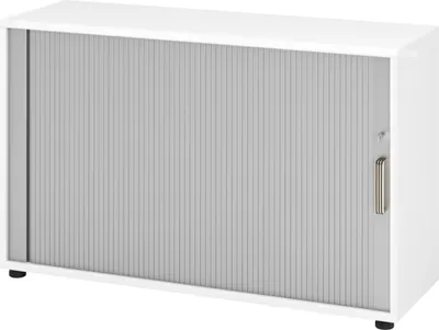 Produktbild von bümö Rollladenschrank office - 2 Ordnerhöhen - Griff: Streifengriff (Kunststoff), Nachbildung: Weiß/Silber