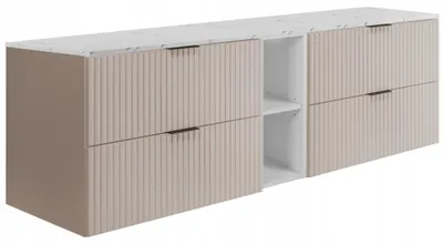 Obrázok produktu pre Rodan | Skrinka pod umývadlo Kašmír 140 cm - Doska biely mramor - 3 farby úchytiek v sete - Soft-Close - Integrovaná biela polica
