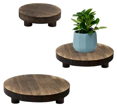 Produktbild von 3 Stück runde Holz Blumenhocker, dekorative kleine Pflanzenständer für Innenräume und Terrassen, Durchmesser 12,5/15/19 cm