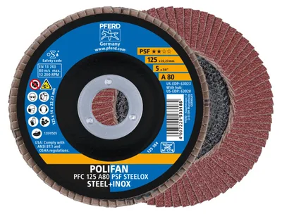 Produktbild von PFERD 67748125, Fächerscheibe, Edelstahl, Stahl, 12,5 cm, Jede Marke, Eingedrückte Mitte, 2,22 cm