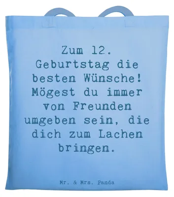 Produktbild von Mr. & Mrs. Panda Stoffbeutel Spruch 12. Geburtstag Wünsche - Sky Blue - Geschenk, handgefertigte Geschenke, Geburtstagsfeier, feiern, Tote Bag, Jutebeutel, Happy Birthday