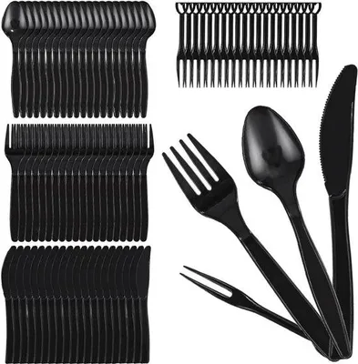 Zdjęcie produktu dla Sztućce plastikowe – 200 sztuk – zestaw piknikowy i bufetowy – czarne