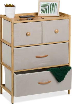 Immagine prodotto di Comodino Relaxdays, bambù, 4 cassetti in tessuto, ingresso, camera da letto, L x P x A 73 x 57,5 x 30 cm, cassettiera, naturale/beige