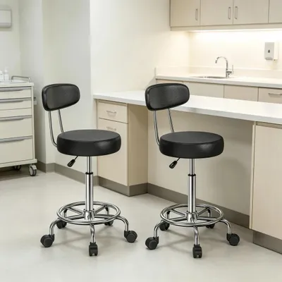 Image de lot de 2 tabourets à roulettes avec dossier Tabouret pivotant Tabouret de travail Chaise pivotante Tabouret réglable en hauteur Noir