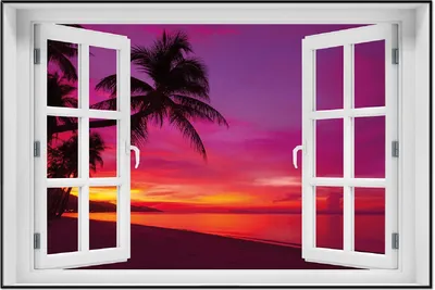 Produktbild von Wallario Wandbild mit Fenster-Illusion: Abendrot unter Palmen - pinker Himmel am Strand, Größe: 61 x 91,5 cm, Poster mit schwarzem Aluminiumrahmen