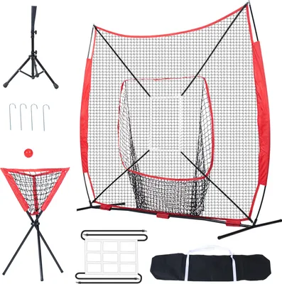 Zdjęcie produktu dla SucceBuy 7x7 ft przenośna siatka treningowa do softballu, sprzęt treningowy do uderzania, łapania, rzucania, backstop z ramą łukową, torba transportowa, strefa uderzenia, piłka, koszulka i pojemnik do łapania