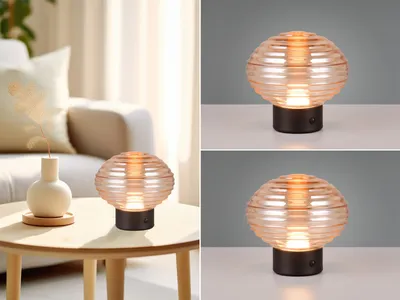 Produktbild von 2er Set Retro Akku Tischlampen ohne Kabel mit Glasschirm Bernstein, Höhe 14cm