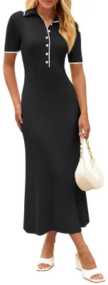 Produktbild von MEROKEETY Damen Maxikleid mit V-Ausschnitt, gerippt, Knopfleiste, Kurze Ärmel, s