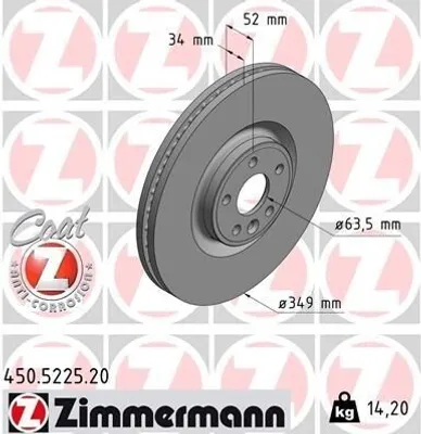 Produktbild von 2x ZIMMERMANN Bremsscheibe 450.5225.20 für LAND ROVER Range Rover Evoque (L538)