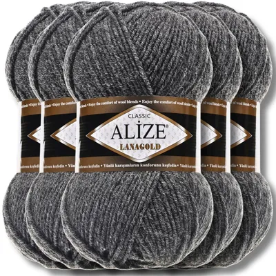 Produktbild von Alize 5x 100g Lanagold Wolle, Uni, Häkeln, Stricken (Medium Grey Melange | 182)