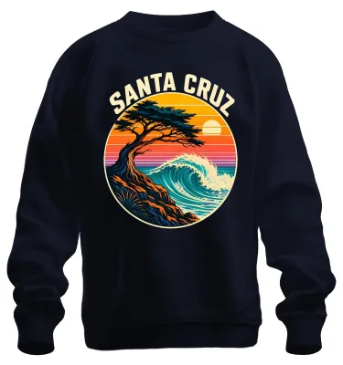 Imagen del producto de Santa Cruz, California. Surf. Océano. Ola. Playa. Estilo retro. Sudadera con cuello redondo, color azul marino, talla S