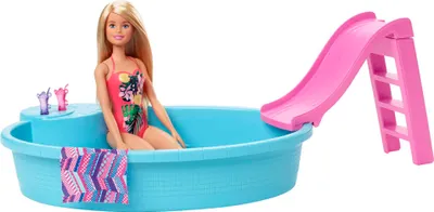 Produktbild von Barbie Pool Spielset mit Puppe (blond), Anziehpuppe, Barbie Möbel, Barbie Zubehör