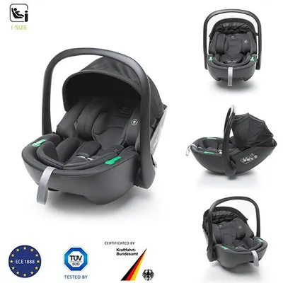 A collage of images showing a black baby car seat from different angles, along with certification logos.