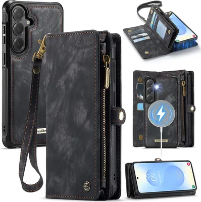 Produktbild von Schutzhülle für Samsung Galaxy S26, Vintage Multifunktions Lederhülle, Kartenfächer, Reißverschluss Hülle Schwarz
