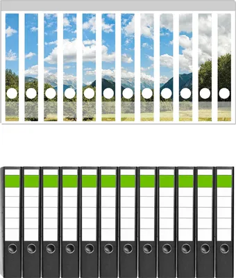 Produktbild von Wallario 12 Stück schmale Ordner inkl. Klebeetiketten mit Motive Bergwiese in den Alpen -  Set mit Rückenschildern / Ordnerrücken Stickern
