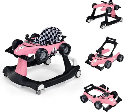 Productafbeelding van Opvouwbare 4-in-1-loopstoel voor baby's vanaf 6 maanden, in hoogte verstelbaar, met instelbare snelheid, licht en muziek, roze