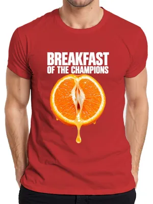 Productafbeelding van Ontbijt van de Kampioenen - Oranje - Dubbelzinnig - Humor voor volwassenen - Heren T-shirt, Rood, Maat M