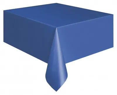 A blue tablecloth draped over a table, with one corner hanging down.