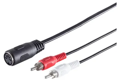 A close-up shot of a black DIN cable with a female 5-pin connector and two RCA male connectors (red and white).