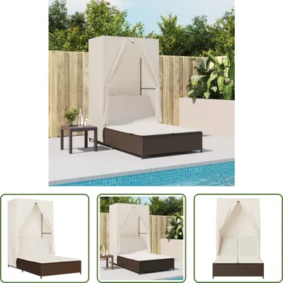 Produktbild von The Living Store Doppel-Sonnenliege mit Dach und Vorhängen Braun Poly Rattan