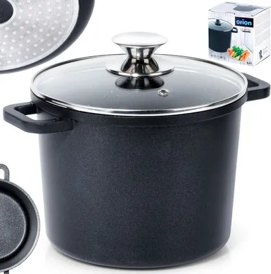 A black cooking pot with a glass lid and silver handles is shown against a white background. A small box with product information and an image of the pot is in the upper right corner. A close-up of the bottom of another pot is in the lower left corner.