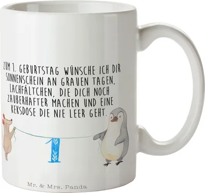 Produktbild von Mr. & Mrs. Panda Tasse 1. Geburtstag Maus Pinguin - Weiß - Geschenk, Happy Birthday, Kaffeetasse, Teetasse, Party, Kaffeebecher, Pott, Becher