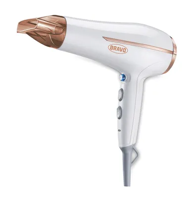 A white and rose gold hairdryer is shown against a white background.