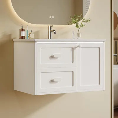 Immagine prodotto di Mobile da bagno sospeso Flieks con illuminazione a LED e sensore a radar, due cassetti, lavabo integrato, mobile autoportante, mobile in legno, colore bianco