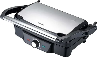 A close-up, angled view of a panini grill on a white background.