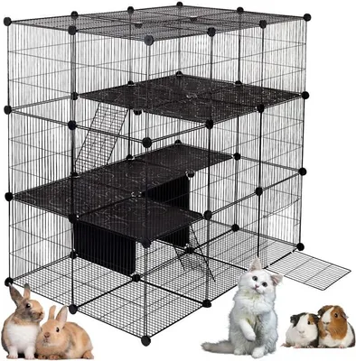 A multi-level wire cage for small animals, with two rabbits, a cat, and two guinea pigs shown in the foreground.
